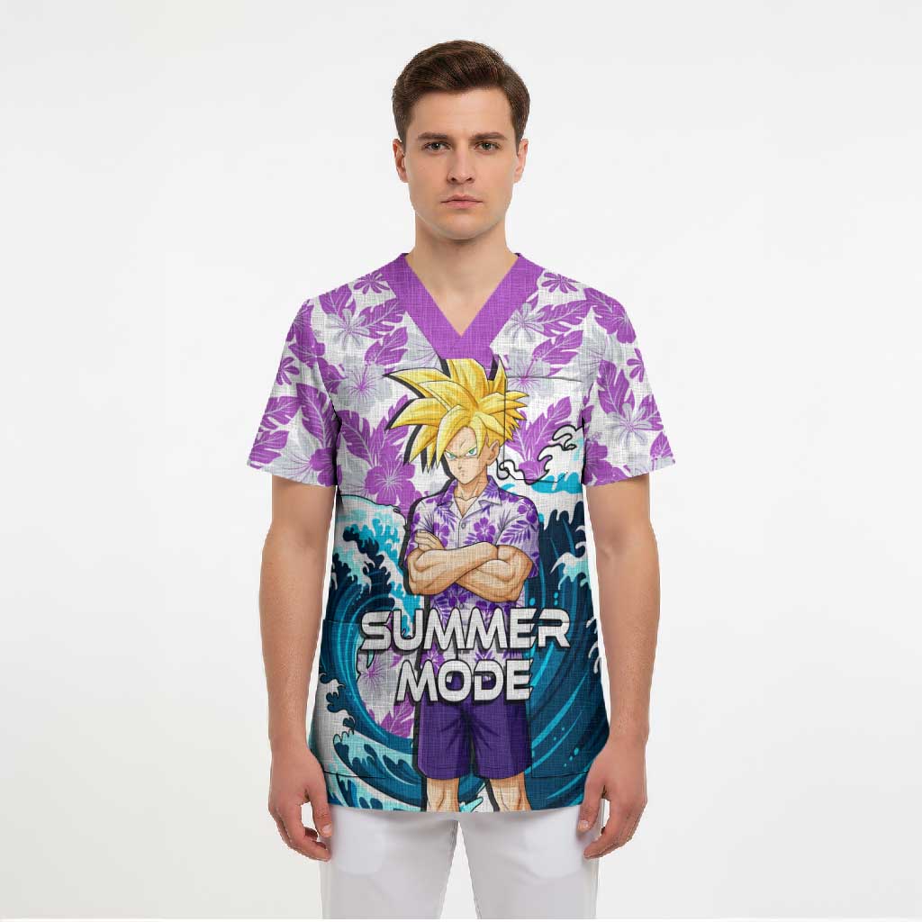 Gohan Dragon Ball Summer Theme Scrub Top with Tropical Floral Shirt Shenron and Ocean Wave Background - The Mazicc