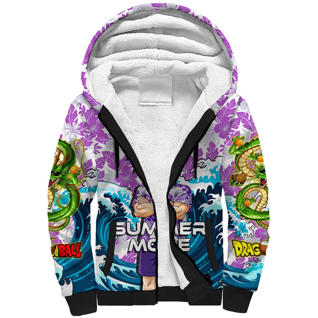 Gohan Dragon Ball Summer Theme Sherpa Hoodie with Tropical Floral Shirt Shenron and Ocean Wave Background - The Mazicc