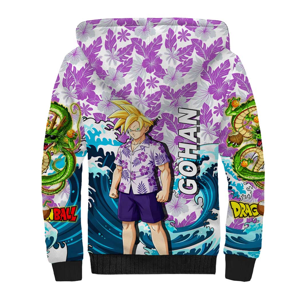 Gohan Dragon Ball Summer Theme Sherpa Hoodie with Tropical Floral Shirt Shenron and Ocean Wave Background - The Mazicc