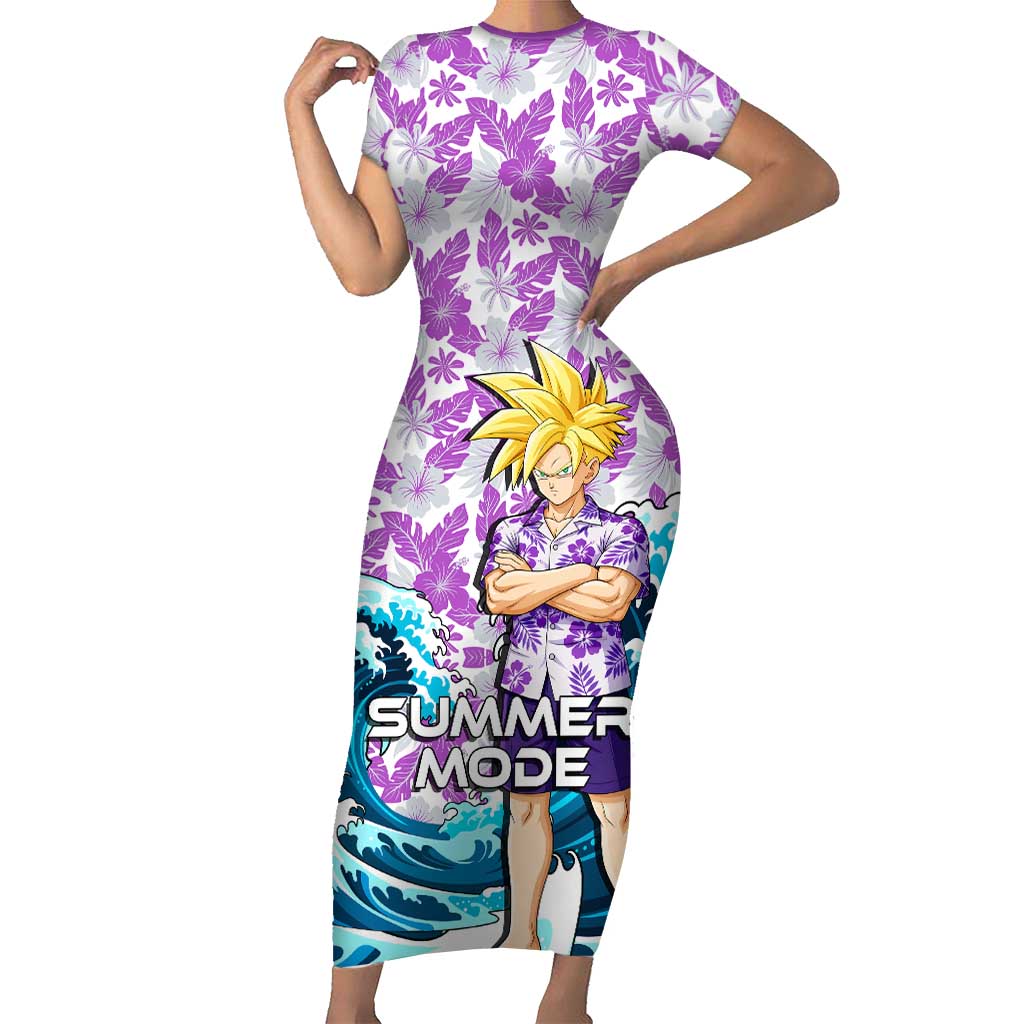 Gohan Dragon Ball Summer Theme Short Sleeve Bodycon Dress with Tropical Floral Shirt Shenron and Ocean Wave Background - The Mazicc
