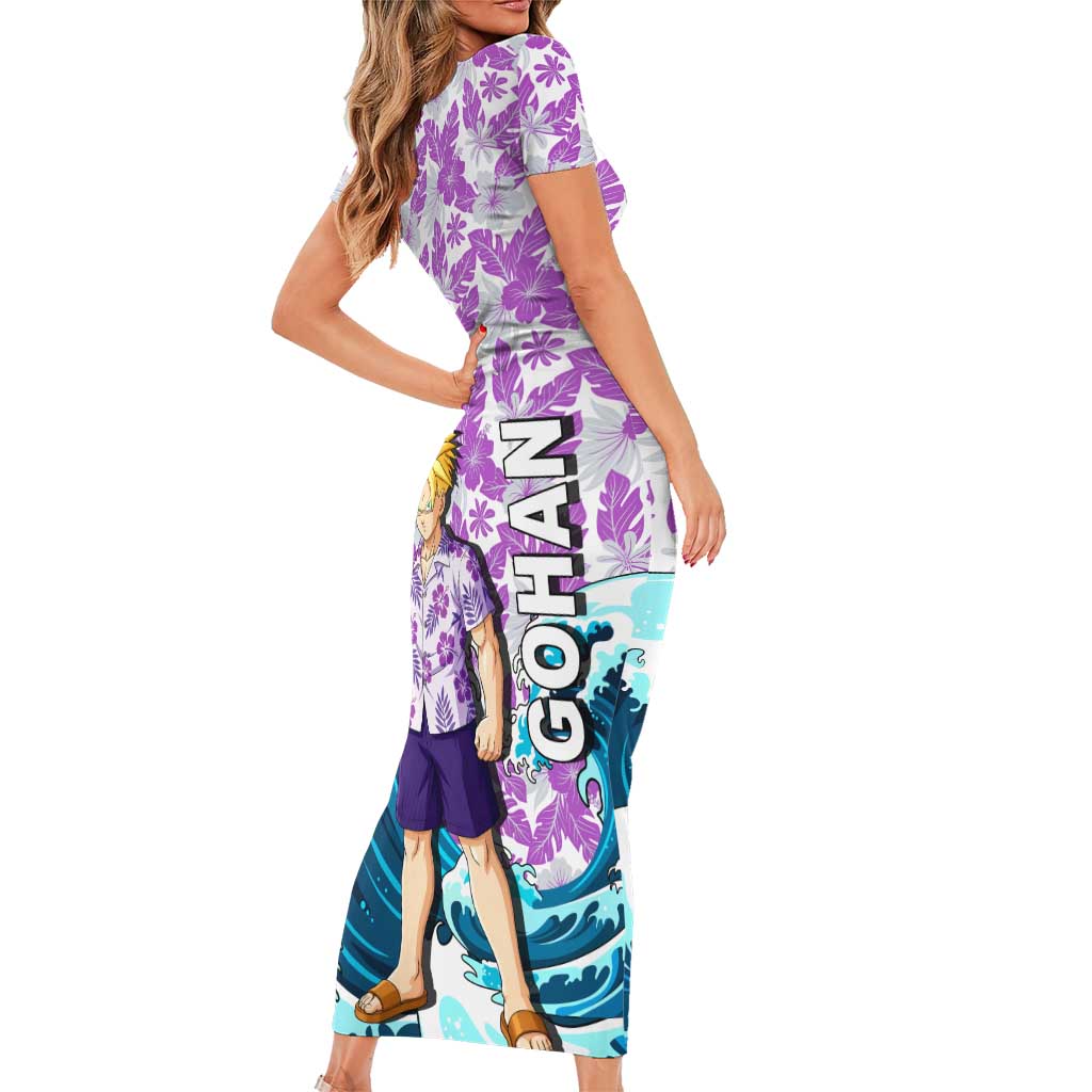 Gohan Dragon Ball Summer Theme Short Sleeve Bodycon Dress with Tropical Floral Shirt Shenron and Ocean Wave Background - The Mazicc