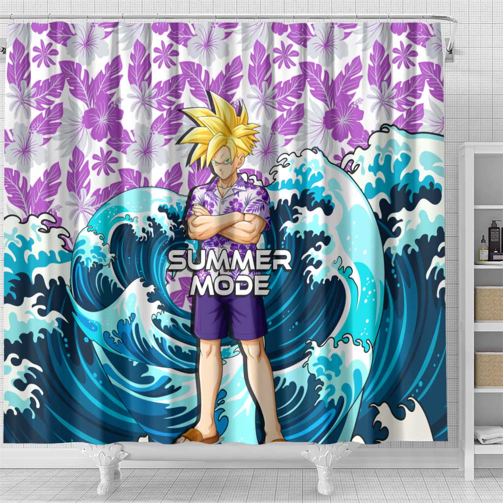 Gohan Dragon Ball Summer Theme Shower Curtain with Tropical Floral Shirt Shenron and Ocean Wave Background - The Mazicc