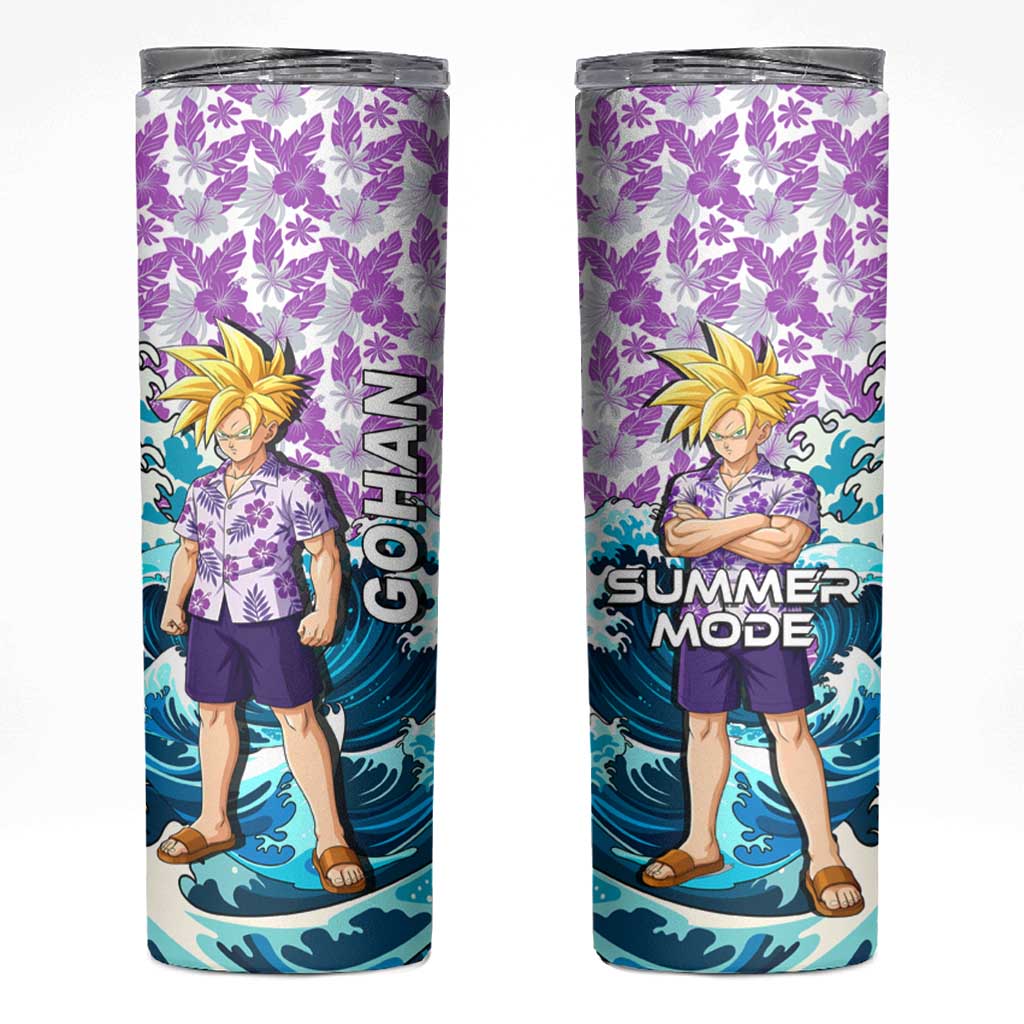 Gohan Dragon Ball Summer Theme Skinny Tumbler with Tropical Floral Shirt Shenron and Ocean Wave Background - The Mazicc