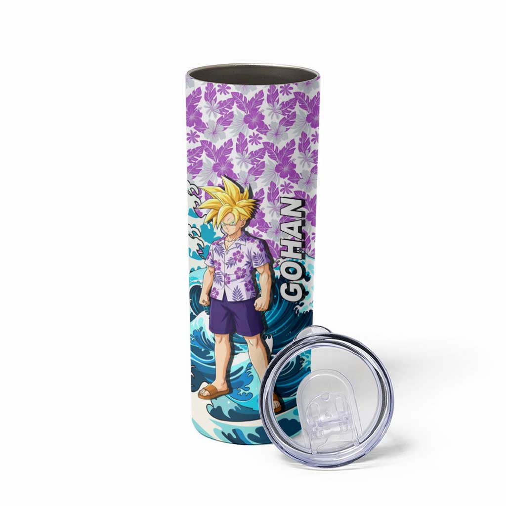 Gohan Dragon Ball Summer Theme Skinny Tumbler with Tropical Floral Shirt Shenron and Ocean Wave Background - The Mazicc