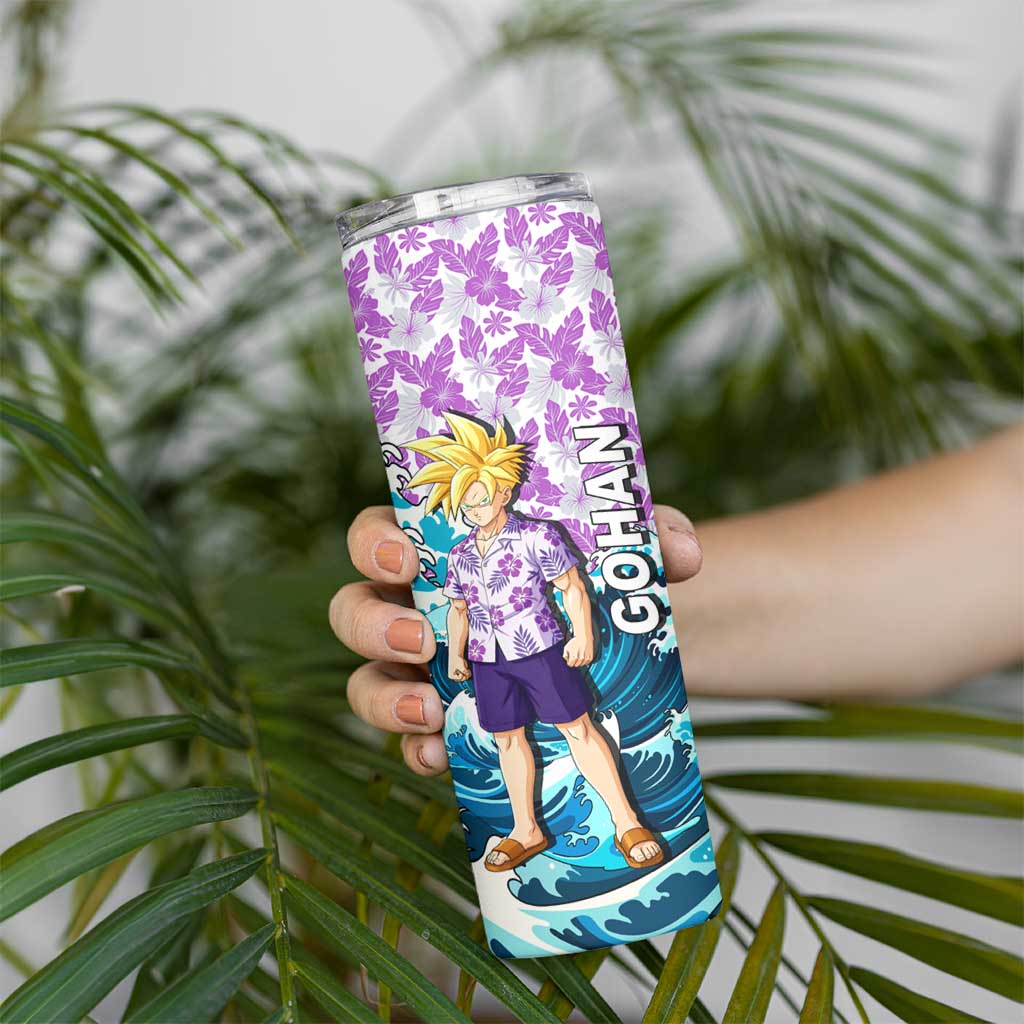 Gohan Dragon Ball Summer Theme Skinny Tumbler with Tropical Floral Shirt Shenron and Ocean Wave Background - The Mazicc