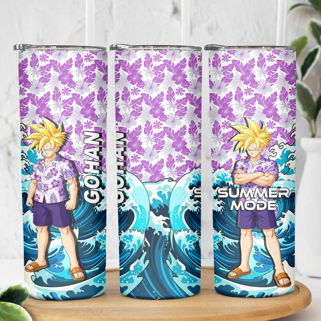 Gohan Dragon Ball Summer Theme Skinny Tumbler with Tropical Floral Shirt Shenron and Ocean Wave Background - The Mazicc