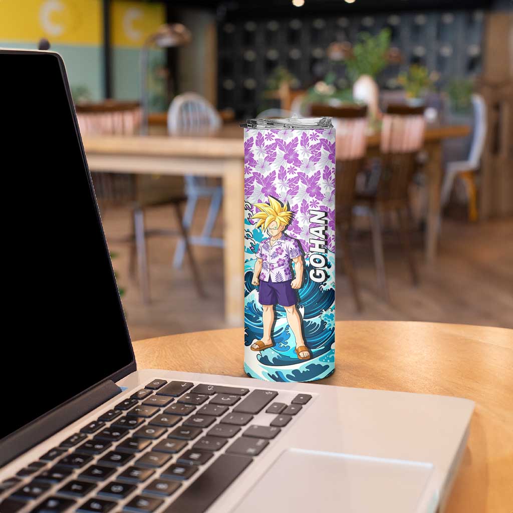 Gohan Dragon Ball Summer Theme Skinny Tumbler with Tropical Floral Shirt Shenron and Ocean Wave Background - The Mazicc