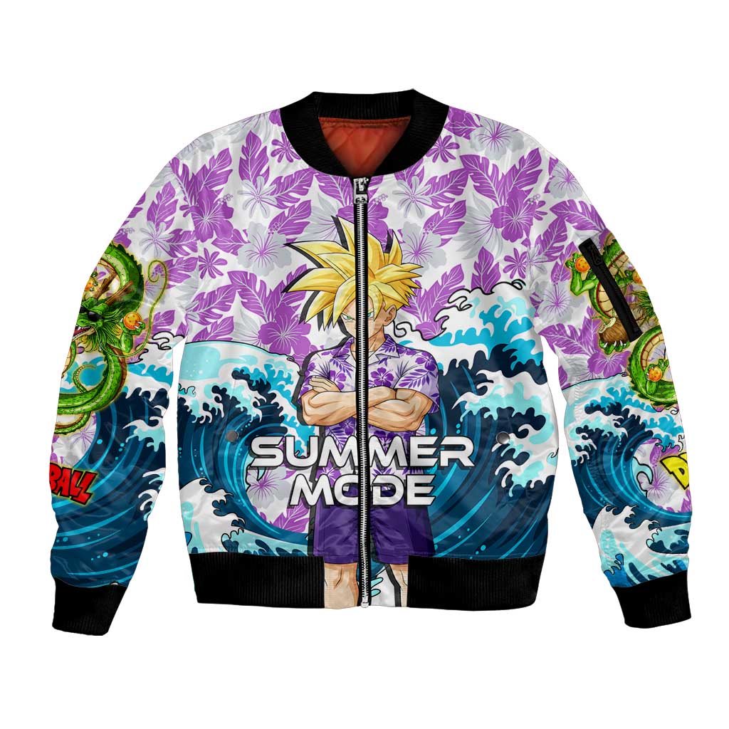 Gohan Dragon Ball Summer Theme Sleeve Zip Bomber Jacket with Tropical Floral Shirt Shenron and Ocean Wave Background - The Mazicc