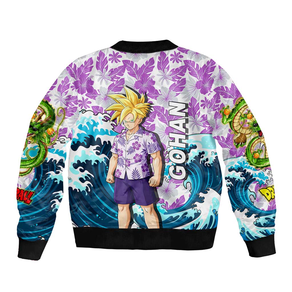 Gohan Dragon Ball Summer Theme Sleeve Zip Bomber Jacket with Tropical Floral Shirt Shenron and Ocean Wave Background - The Mazicc