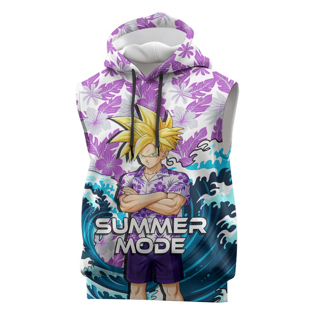 Gohan Dragon Ball Summer Theme Sleeveless Hoodie with Tropical Floral Shirt Shenron and Ocean Wave Background - The Mazicc