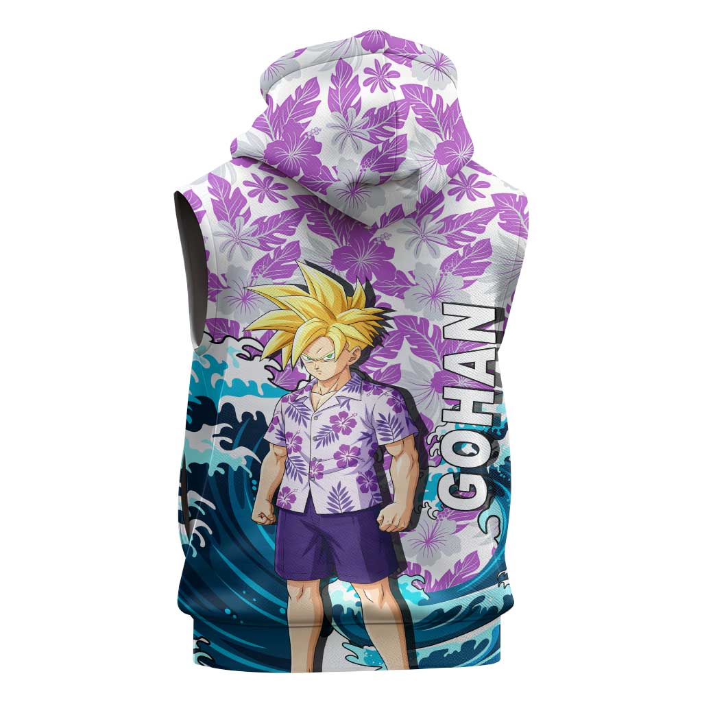 Gohan Dragon Ball Summer Theme Sleeveless Hoodie with Tropical Floral Shirt Shenron and Ocean Wave Background - The Mazicc