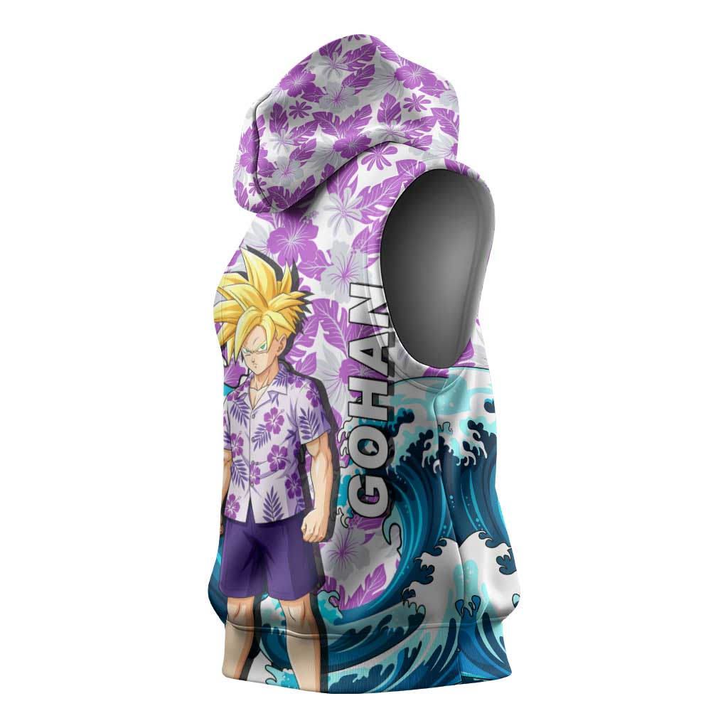 Gohan Dragon Ball Summer Theme Sleeveless Hoodie with Tropical Floral Shirt Shenron and Ocean Wave Background - The Mazicc