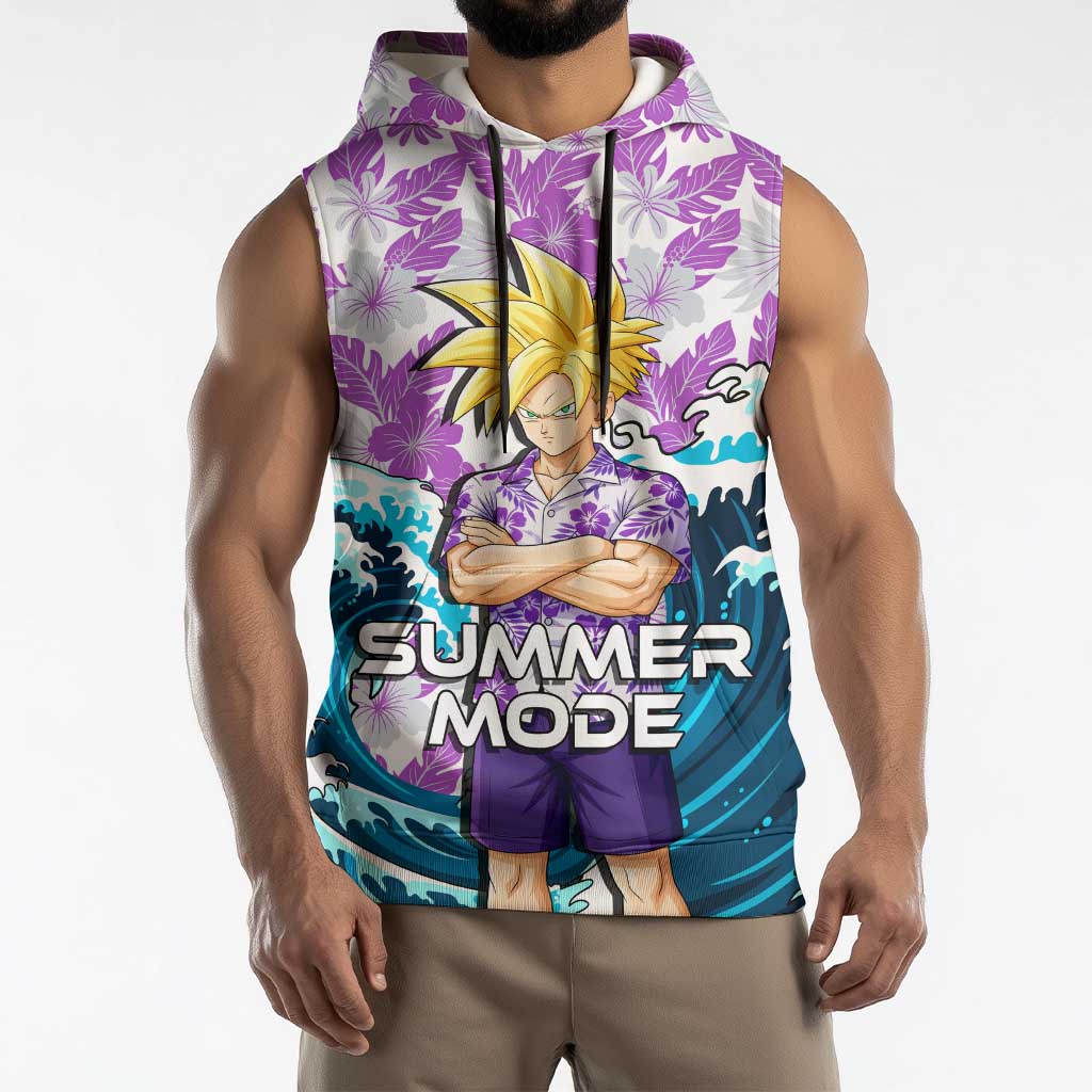 Gohan Dragon Ball Summer Theme Sleeveless Hoodie with Tropical Floral Shirt Shenron and Ocean Wave Background - The Mazicc