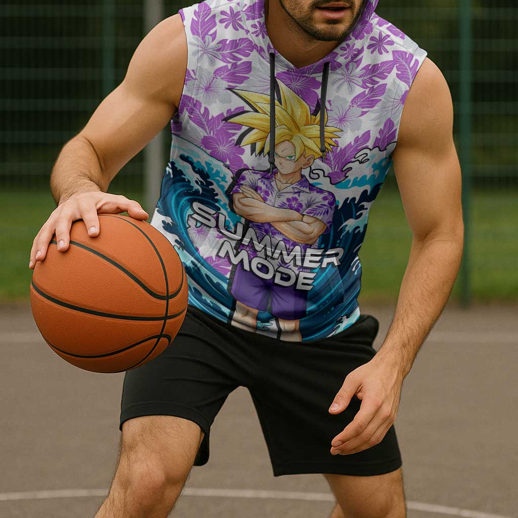 Gohan Dragon Ball Summer Theme Sleeveless Hoodie with Tropical Floral Shirt Shenron and Ocean Wave Background - The Mazicc