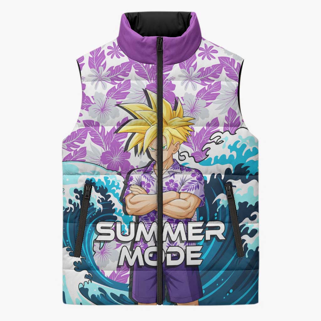 Gohan Dragon Ball Summer Theme Sleeveless Puffer Jacket with Tropical Floral Shirt Shenron and Ocean Wave Background - The Mazicc