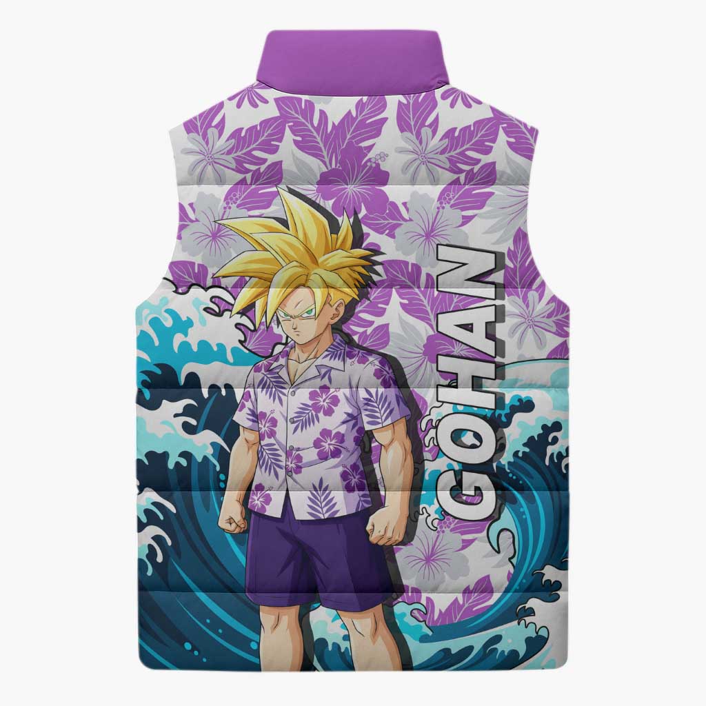 Gohan Dragon Ball Summer Theme Sleeveless Puffer Jacket with Tropical Floral Shirt Shenron and Ocean Wave Background - The Mazicc