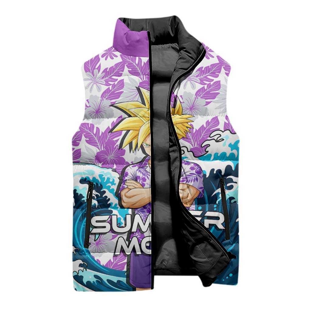 Gohan Dragon Ball Summer Theme Sleeveless Puffer Jacket with Tropical Floral Shirt Shenron and Ocean Wave Background - The Mazicc