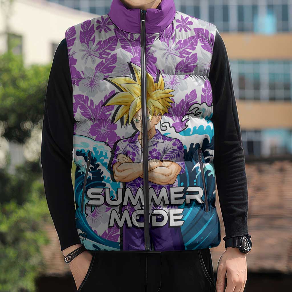 Gohan Dragon Ball Summer Theme Sleeveless Puffer Jacket with Tropical Floral Shirt Shenron and Ocean Wave Background - The Mazicc