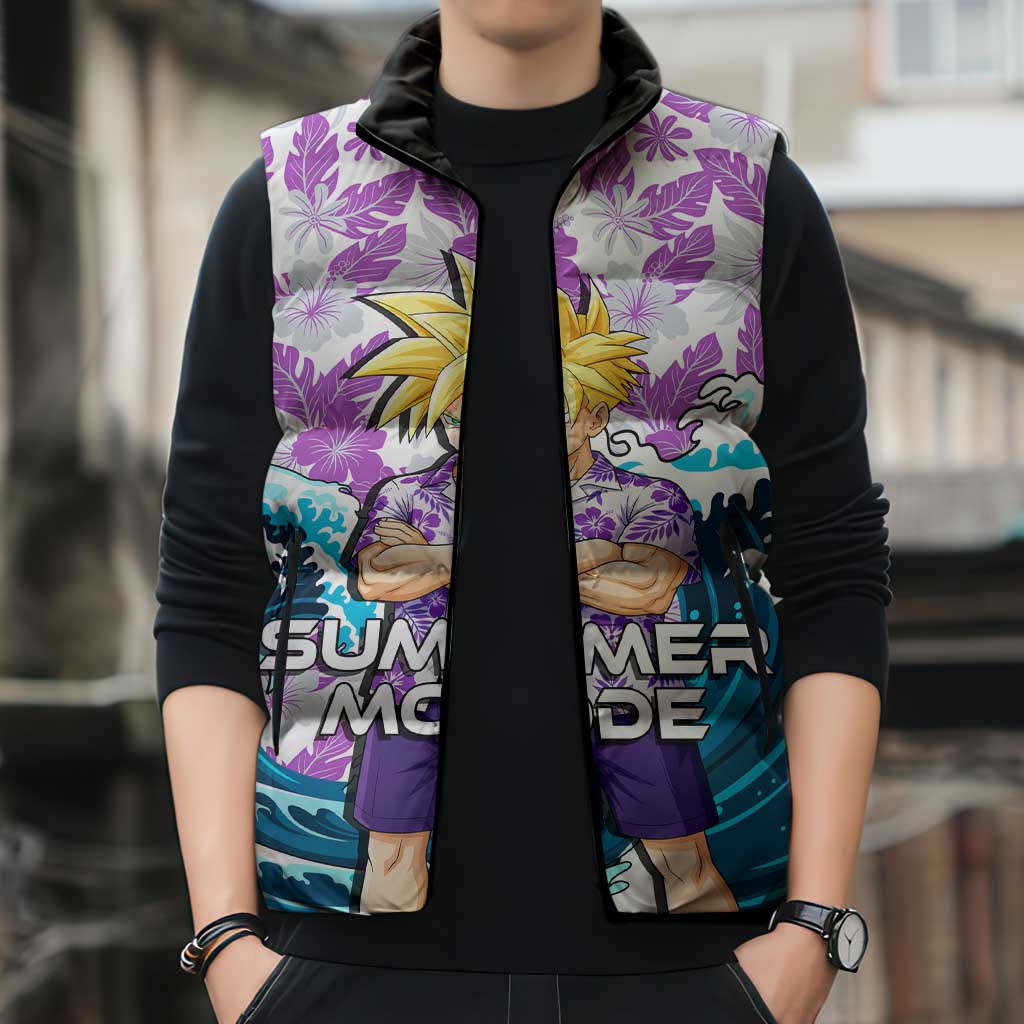 Gohan Dragon Ball Summer Theme Sleeveless Puffer Jacket with Tropical Floral Shirt Shenron and Ocean Wave Background - The Mazicc