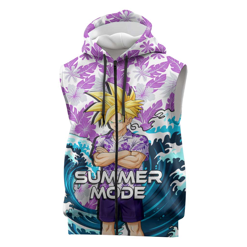 Gohan Dragon Ball Summer Theme Sleeveless Zip Hoodie with Tropical Floral Shirt Shenron and Ocean Wave Background - The Mazicc