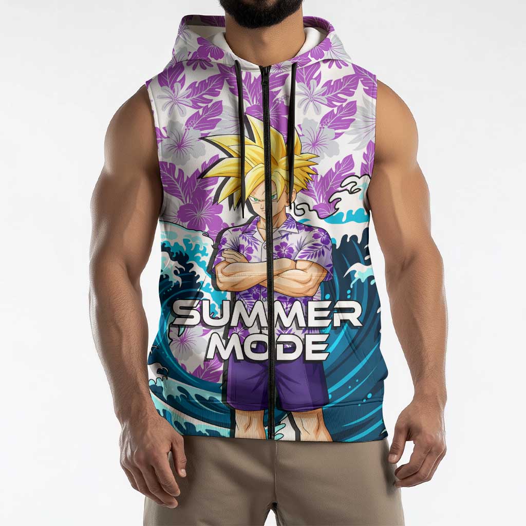 Gohan Dragon Ball Summer Theme Sleeveless Zip Hoodie with Tropical Floral Shirt Shenron and Ocean Wave Background - The Mazicc