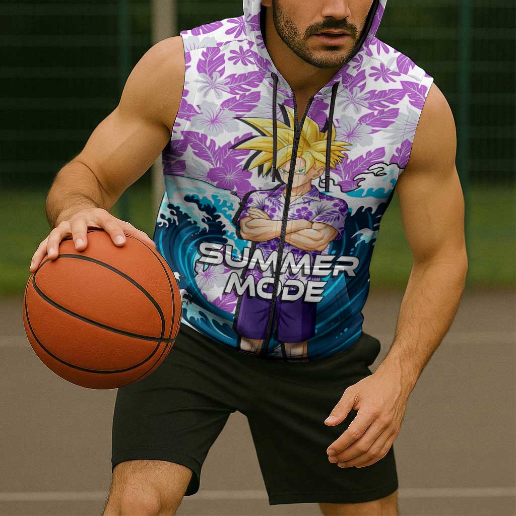 Gohan Dragon Ball Summer Theme Sleeveless Zip Hoodie with Tropical Floral Shirt Shenron and Ocean Wave Background - The Mazicc