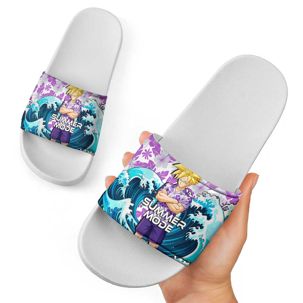 Gohan Dragon Ball Summer Theme Slide Sandals with Tropical Floral Shirt Shenron and Ocean Wave Background - The Mazicc