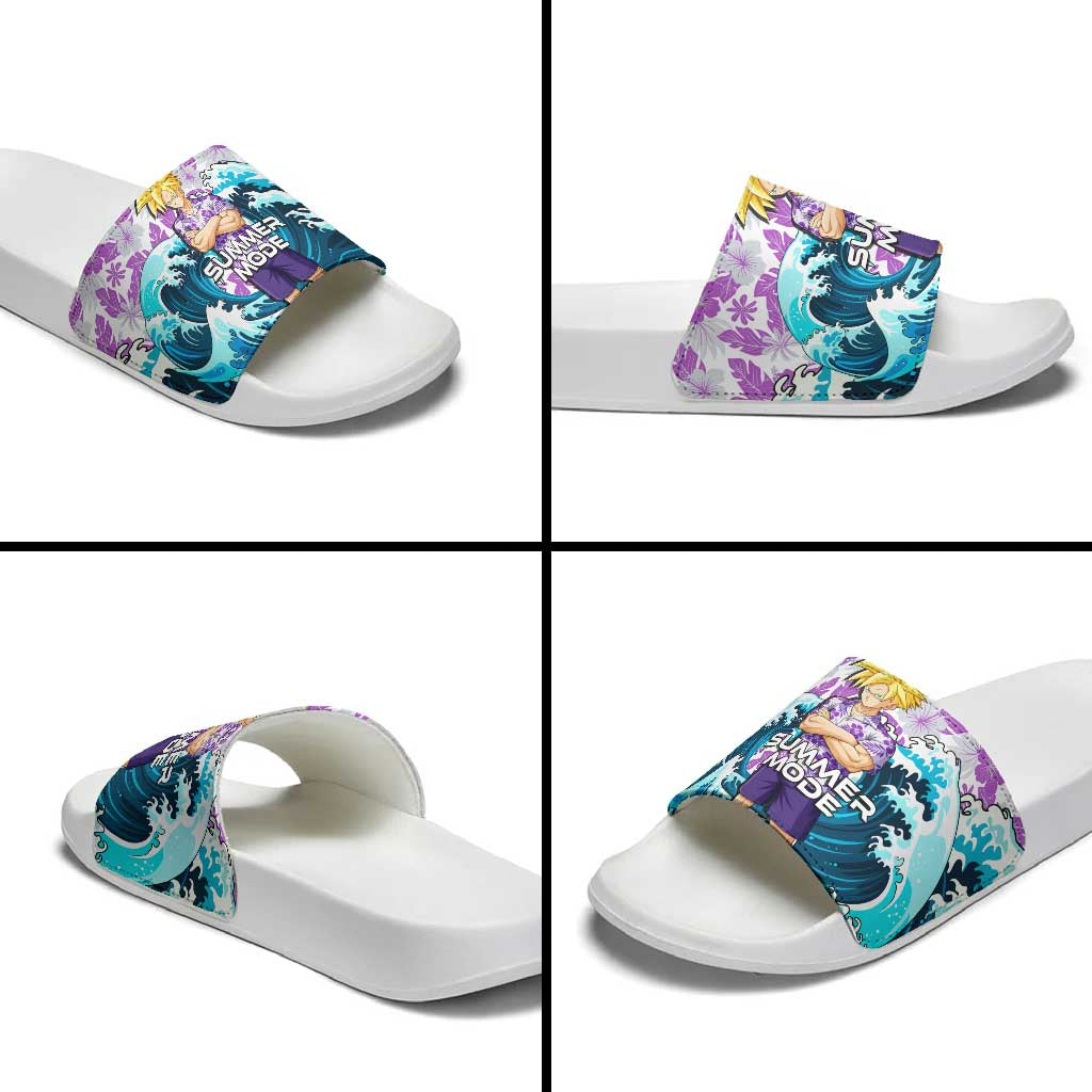 Gohan Dragon Ball Summer Theme Slide Sandals with Tropical Floral Shirt Shenron and Ocean Wave Background - The Mazicc