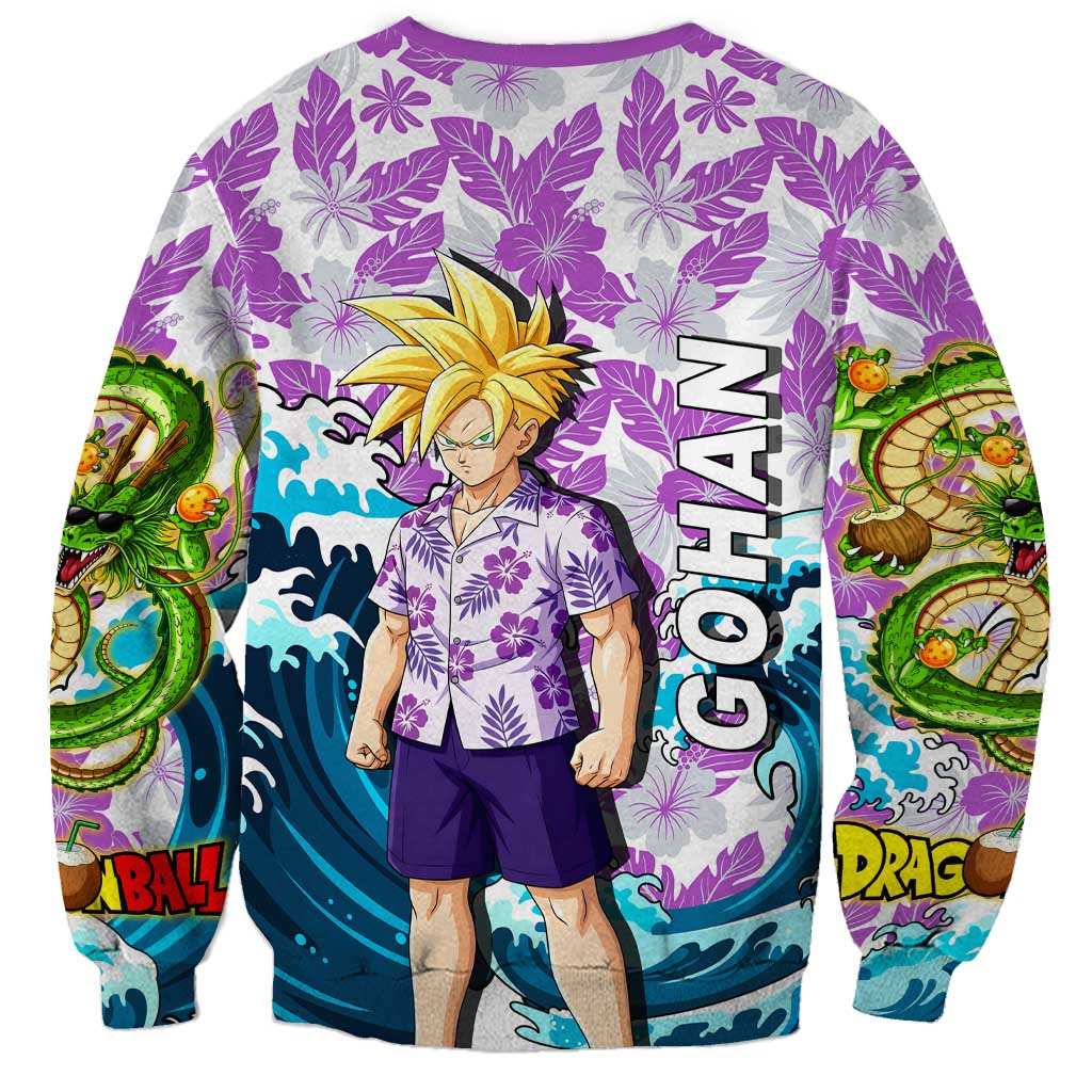 Gohan Dragon Ball Summer Theme Sweatshirt with Tropical Floral Shirt Shenron and Ocean Wave Background - The Mazicc