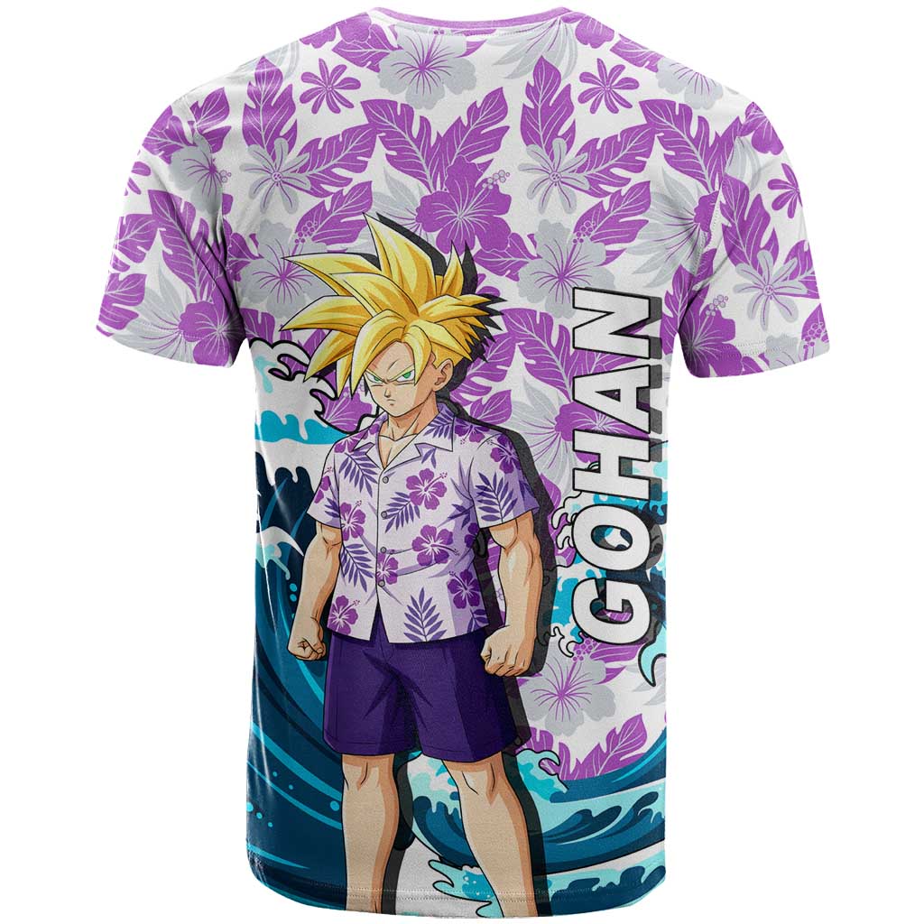 Gohan Dragon Ball Summer Theme T Shirt with Tropical Floral Shirt Shenron and Ocean Wave Background - The Mazicc