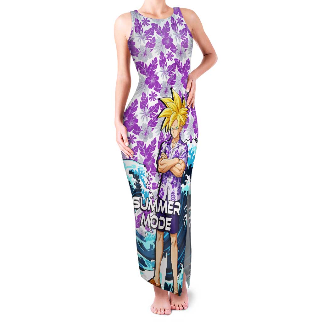 Gohan Dragon Ball Summer Theme Tank Maxi Dress with Tropical Floral Shirt Shenron and Ocean Wave Background - The Mazicc