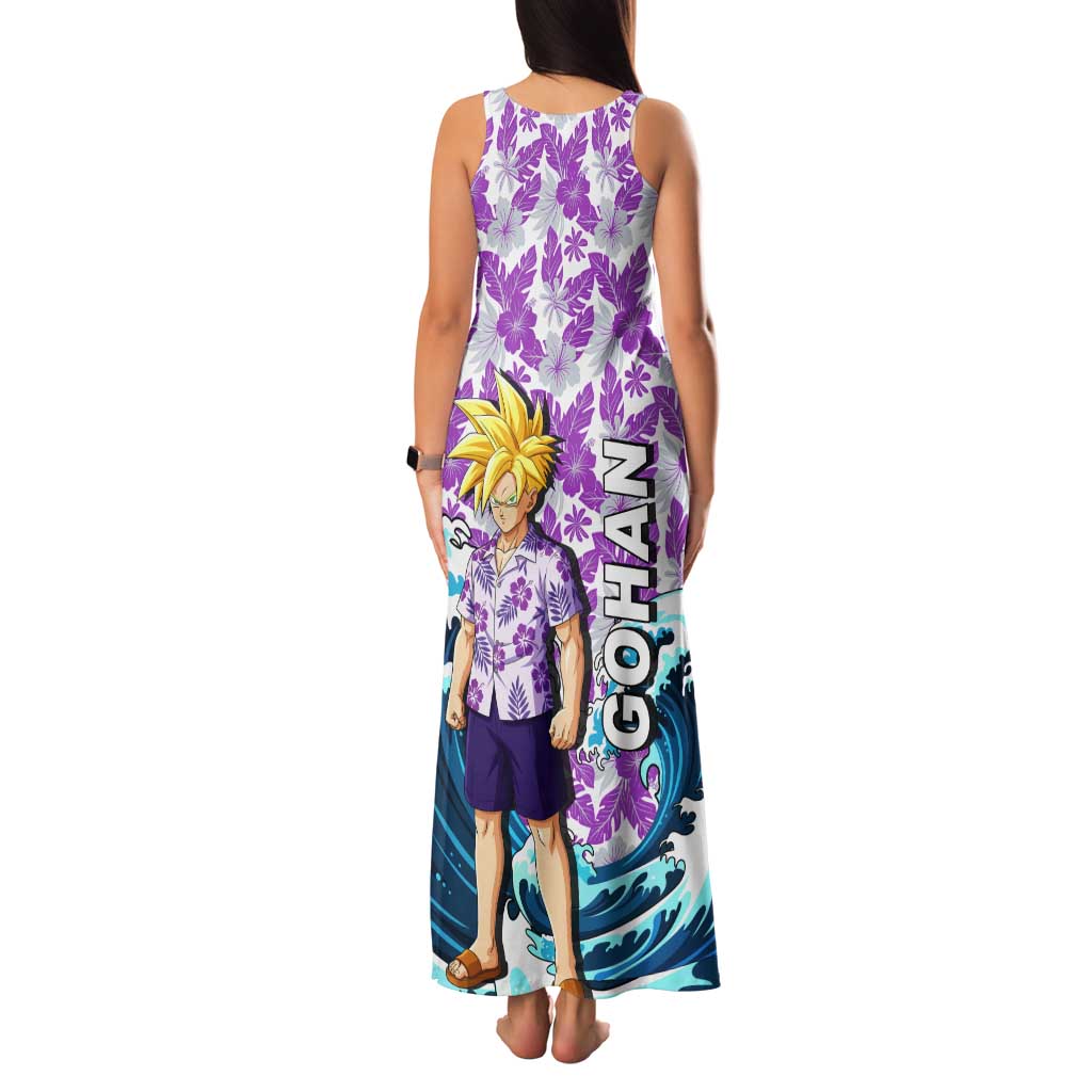 Gohan Dragon Ball Summer Theme Tank Maxi Dress with Tropical Floral Shirt Shenron and Ocean Wave Background - The Mazicc