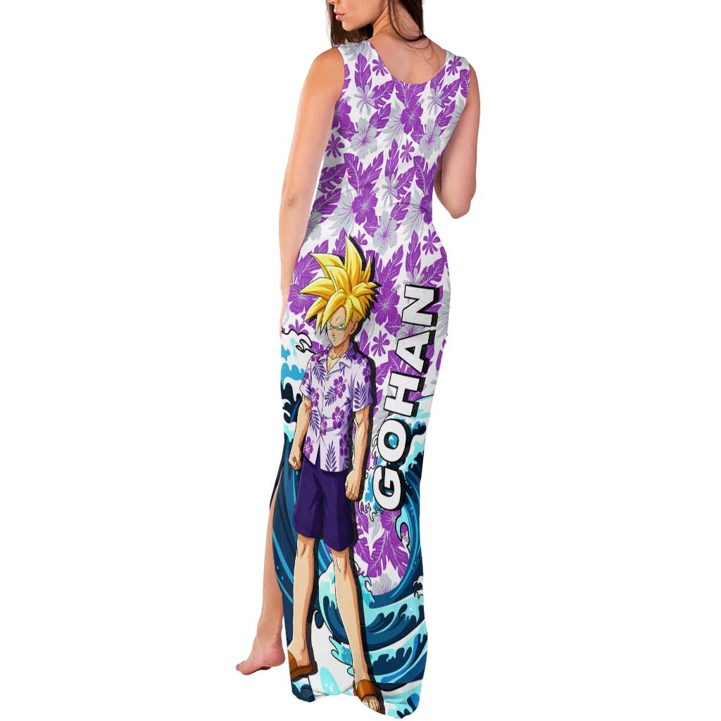Gohan Dragon Ball Summer Theme Tank Maxi Dress with Tropical Floral Shirt Shenron and Ocean Wave Background - The Mazicc