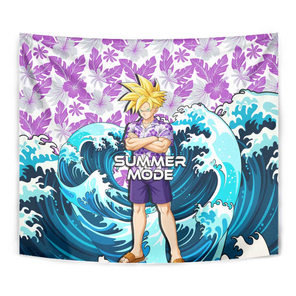 Gohan Dragon Ball Summer Theme Tapestry with Tropical Floral Shirt Shenron and Ocean Wave Background - The Mazicc
