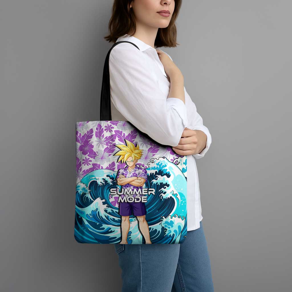 Gohan Dragon Ball Summer Theme Tote Bag with Tropical Floral Shirt Shenron and Ocean Wave Background - The Mazicc