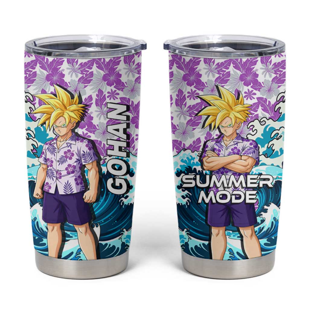 Gohan Dragon Ball Summer Theme Tumbler Cup with Tropical Floral Shirt Shenron and Ocean Wave Background - The Mazicc