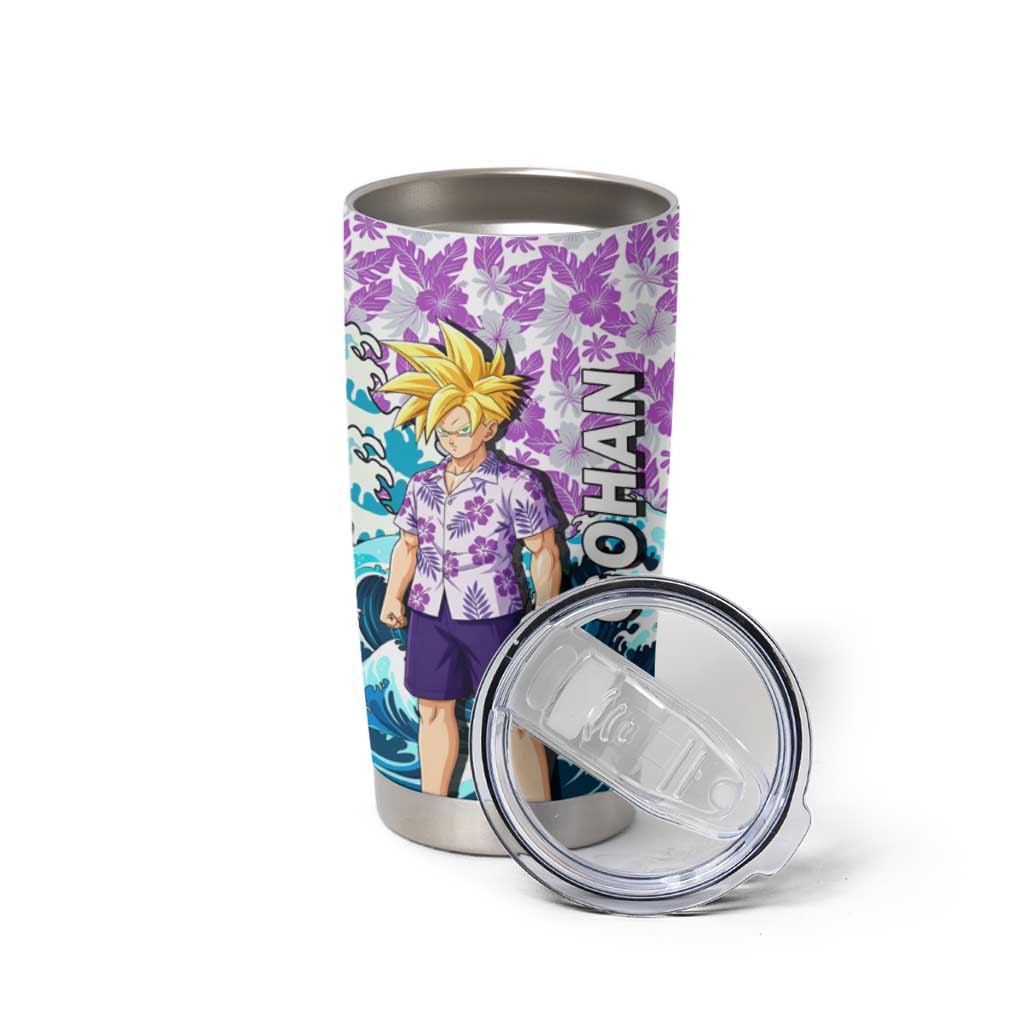 Gohan Dragon Ball Summer Theme Tumbler Cup with Tropical Floral Shirt Shenron and Ocean Wave Background - The Mazicc