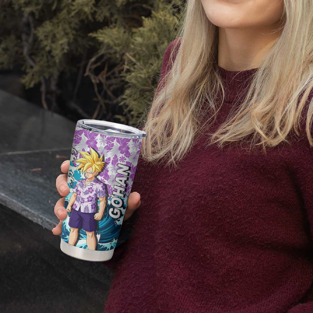 Gohan Dragon Ball Summer Theme Tumbler Cup with Tropical Floral Shirt Shenron and Ocean Wave Background - The Mazicc