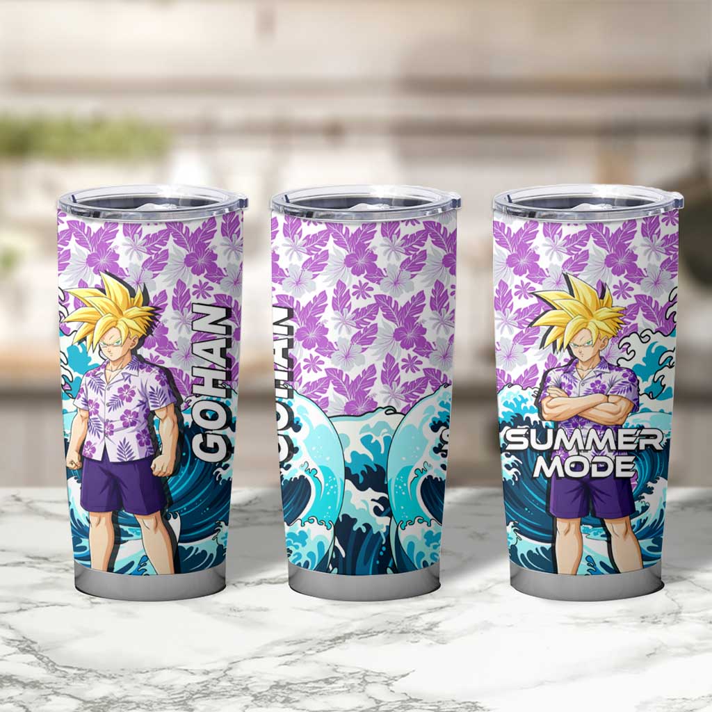 Gohan Dragon Ball Summer Theme Tumbler Cup with Tropical Floral Shirt Shenron and Ocean Wave Background - The Mazicc