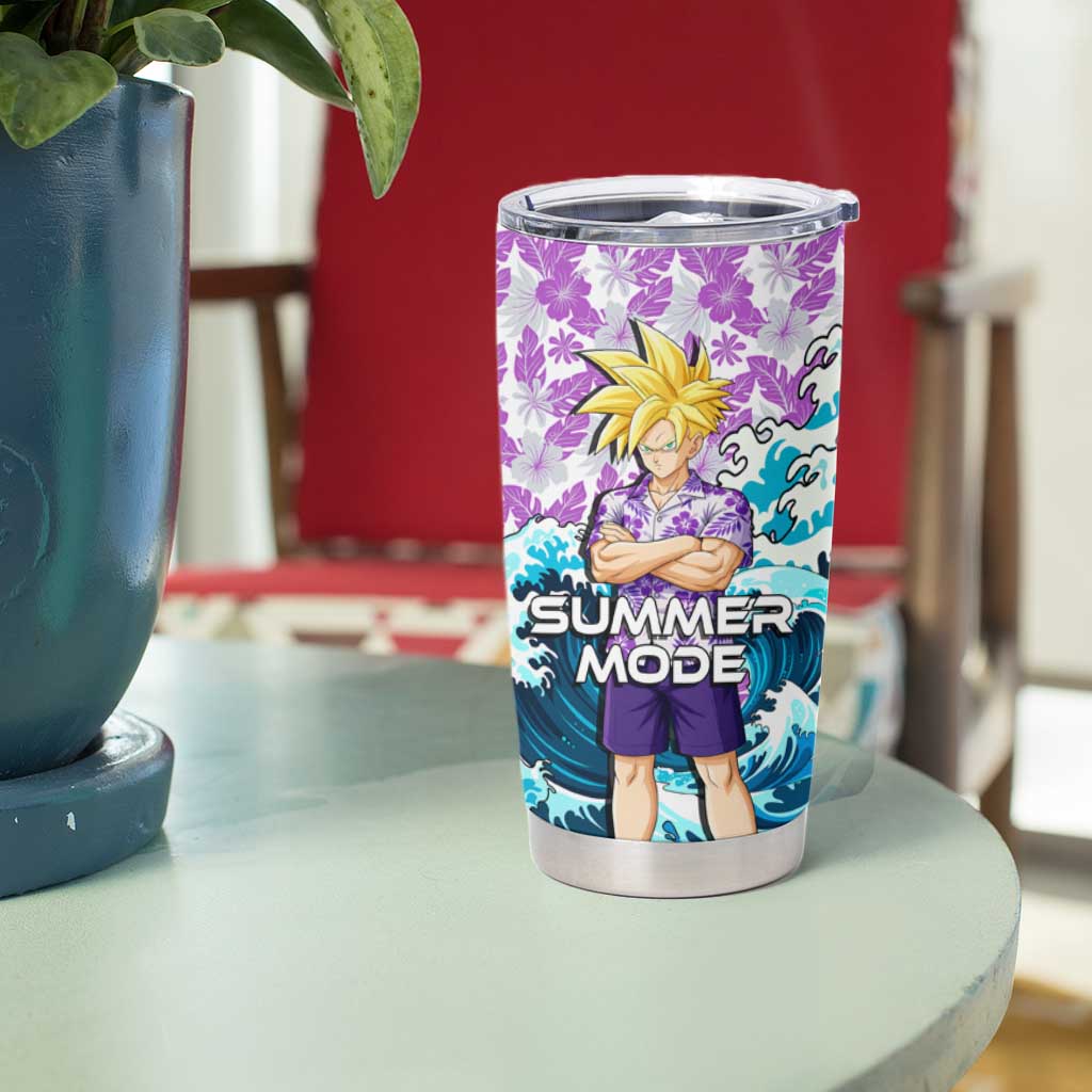 Gohan Dragon Ball Summer Theme Tumbler Cup with Tropical Floral Shirt Shenron and Ocean Wave Background - The Mazicc