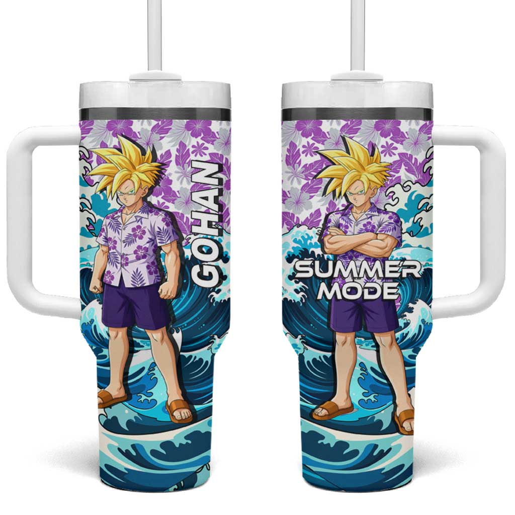 Gohan Dragon Ball Summer Theme Tumbler With Handle with Tropical Floral Shirt Shenron and Ocean Wave Background - The Mazicc