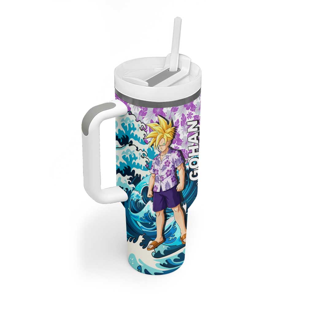 Gohan Dragon Ball Summer Theme Tumbler With Handle with Tropical Floral Shirt Shenron and Ocean Wave Background - The Mazicc