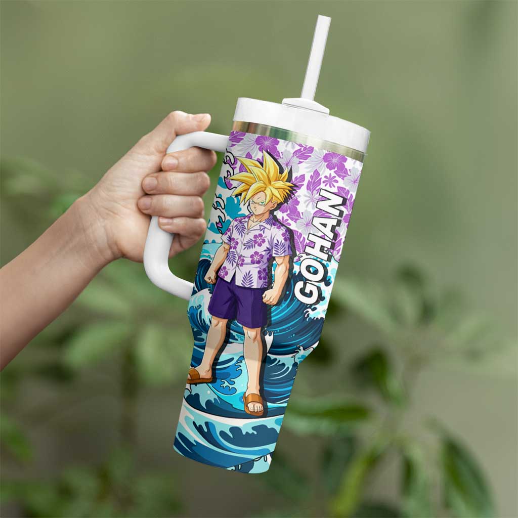 Gohan Dragon Ball Summer Theme Tumbler With Handle with Tropical Floral Shirt Shenron and Ocean Wave Background - The Mazicc