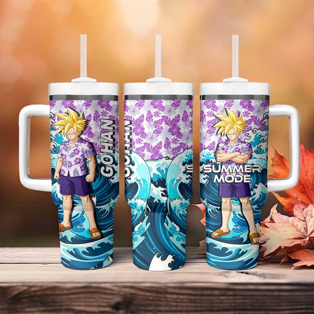Gohan Dragon Ball Summer Theme Tumbler With Handle with Tropical Floral Shirt Shenron and Ocean Wave Background - The Mazicc