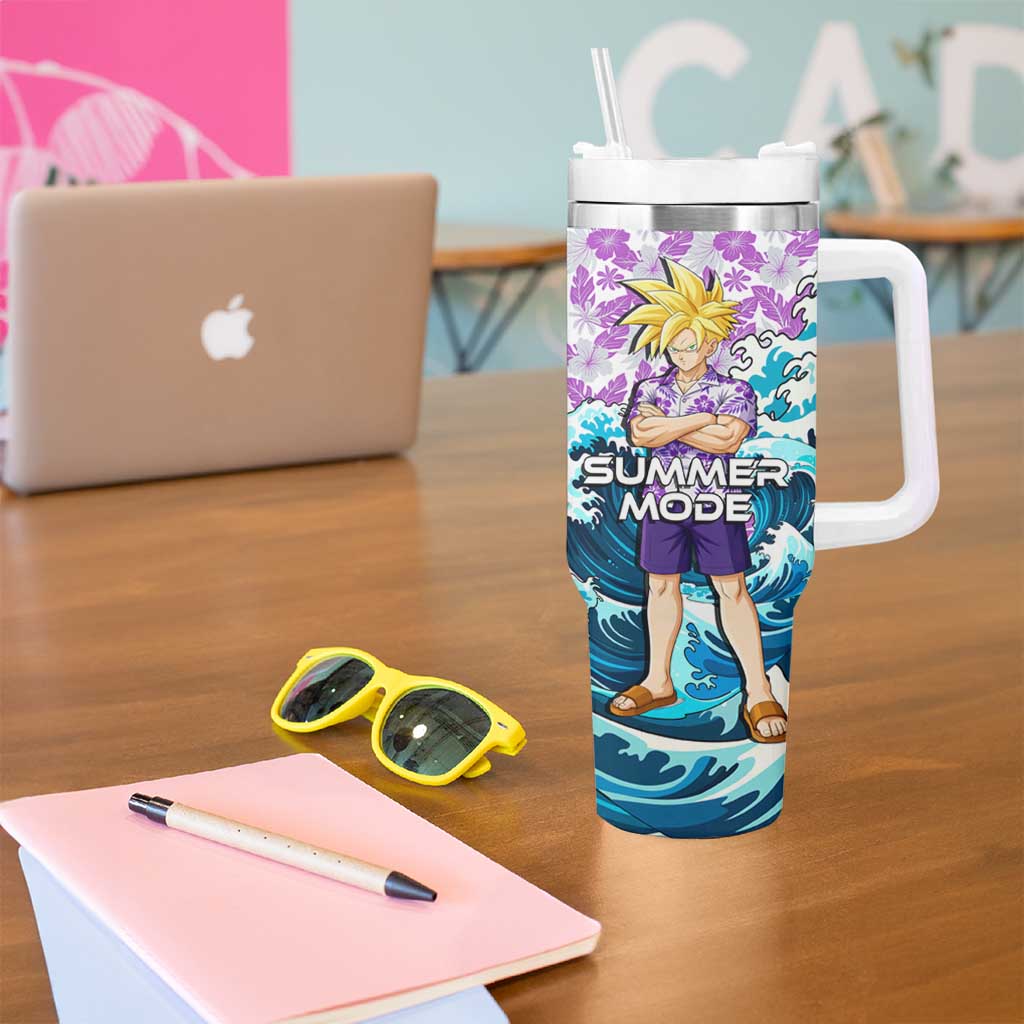 Gohan Dragon Ball Summer Theme Tumbler With Handle with Tropical Floral Shirt Shenron and Ocean Wave Background - The Mazicc