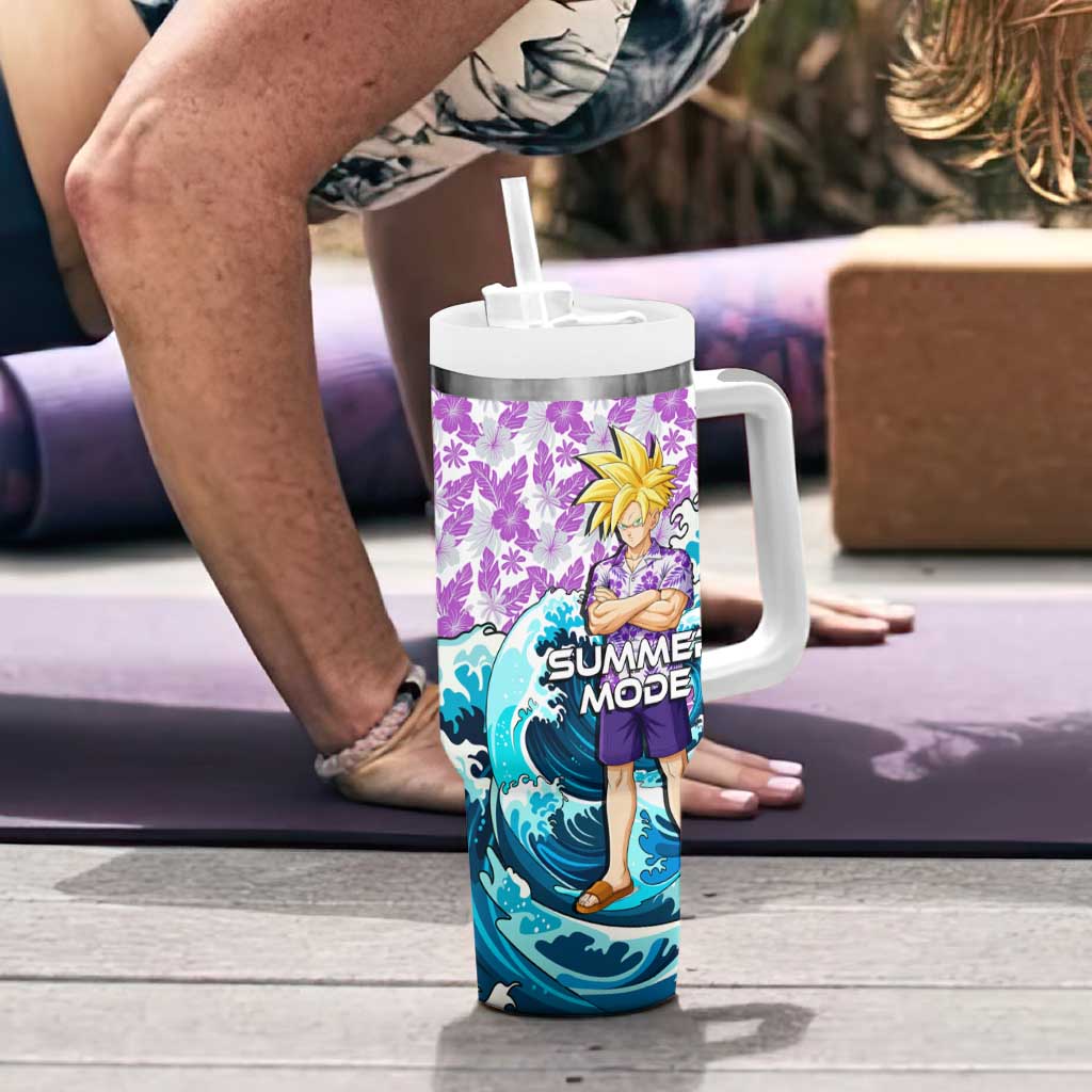 Gohan Dragon Ball Summer Theme Tumbler With Handle with Tropical Floral Shirt Shenron and Ocean Wave Background - The Mazicc