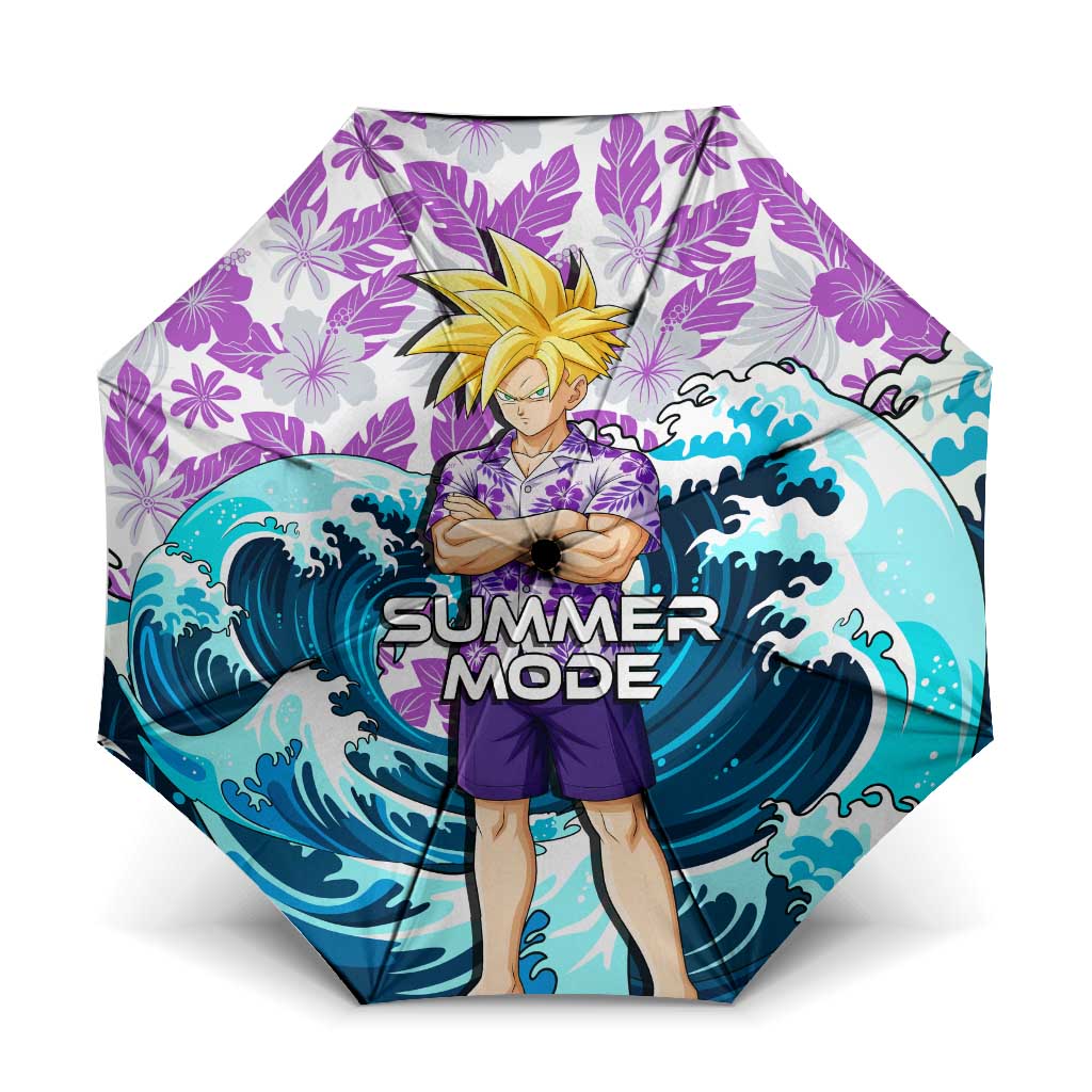 Gohan Dragon Ball Summer Theme Umbrella with Tropical Floral Shirt Shenron and Ocean Wave Background - The Mazicc