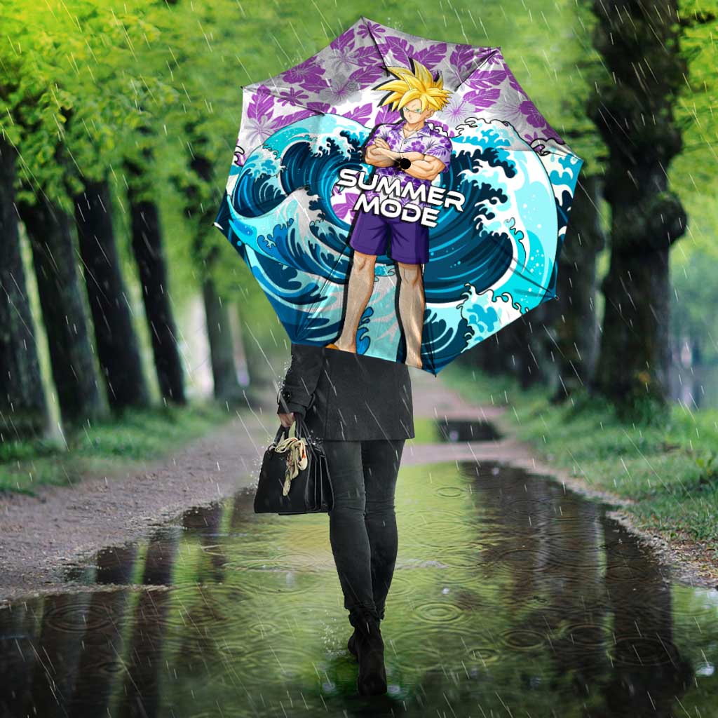 Gohan Dragon Ball Summer Theme Umbrella with Tropical Floral Shirt Shenron and Ocean Wave Background - The Mazicc