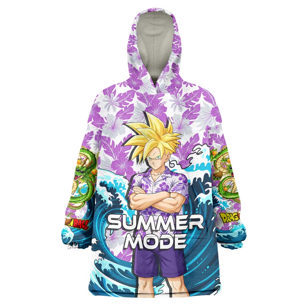 Gohan Dragon Ball Summer Theme Wearable Blanket Hoodie with Tropical Floral Shirt Shenron and Ocean Wave Background - The Mazicc