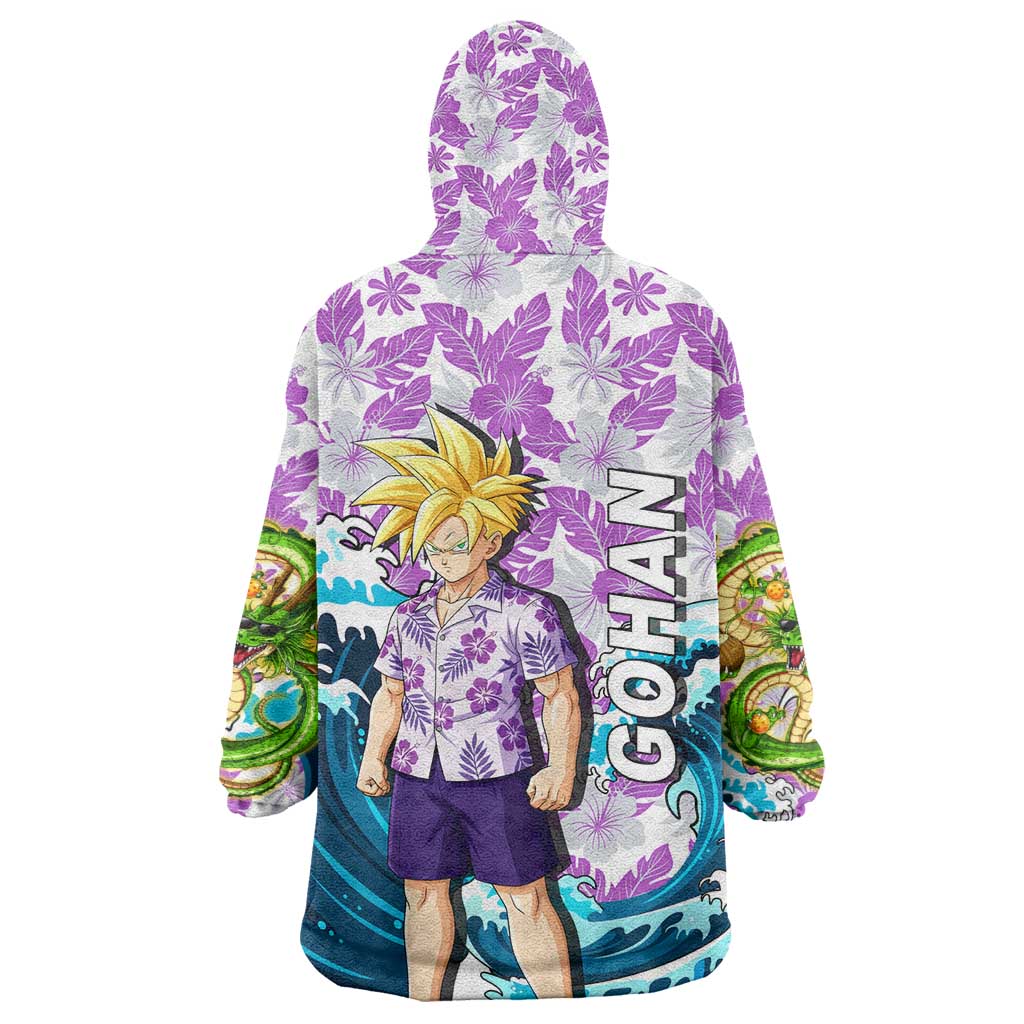 Gohan Dragon Ball Summer Theme Wearable Blanket Hoodie with Tropical Floral Shirt Shenron and Ocean Wave Background - The Mazicc